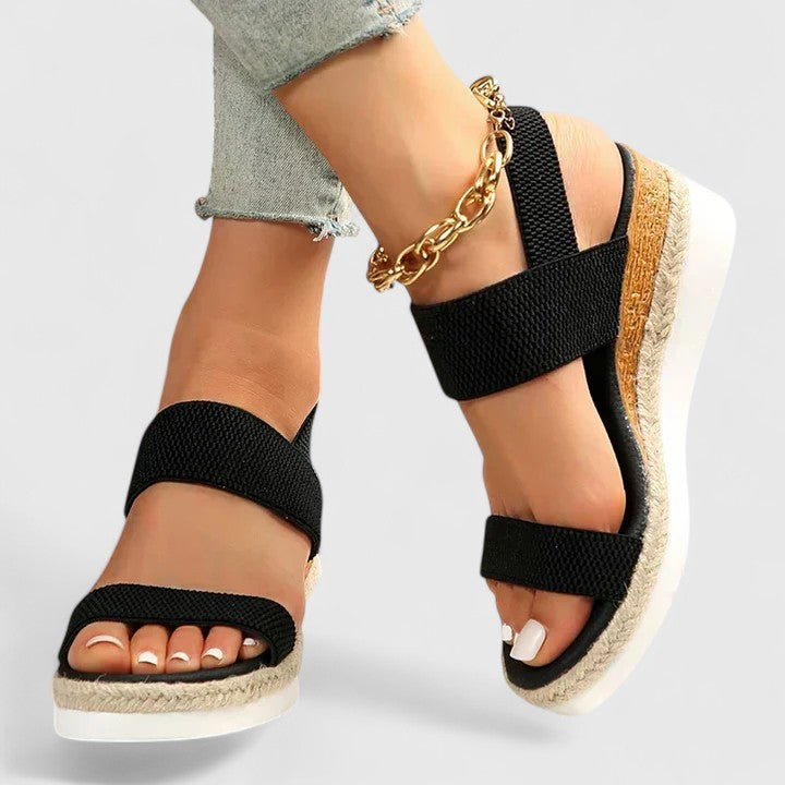 Brown - Stretch-fabric open-toe platform sandals featuring a cushioned footbed and textured jute-trim midsole.
