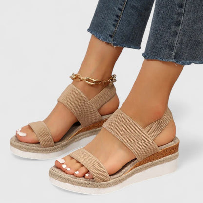 Brown - Stretch-fabric open-toe platform sandals featuring a cushioned footbed and textured jute-trim midsole.