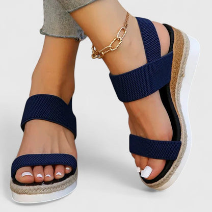 Brown - Stretch-fabric open-toe platform sandals featuring a cushioned footbed and textured jute-trim midsole.