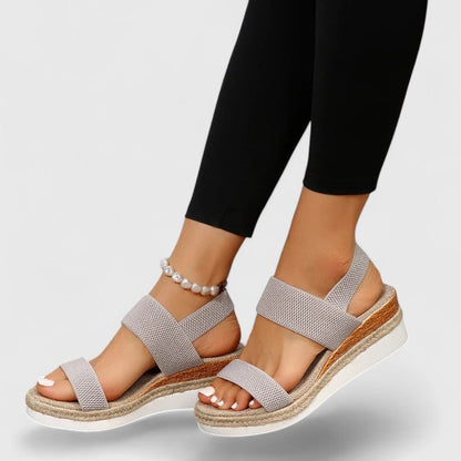 Gray - Stretch-fabric open-toe platform sandals featuring a cushioned footbed and textured jute-trim midsole.