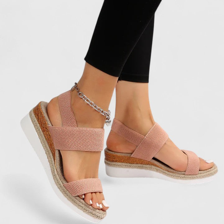 Pink - Stretch-fabric open-toe platform sandals featuring a cushioned footbed and textured jute-trim midsole.