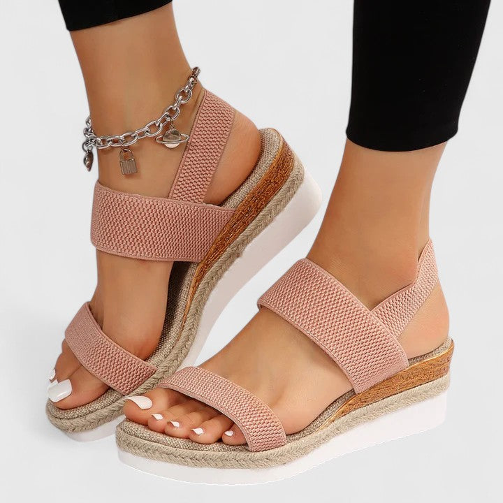 Pink - Stretch-fabric open-toe platform sandals featuring a cushioned footbed and textured jute-trim midsole.
