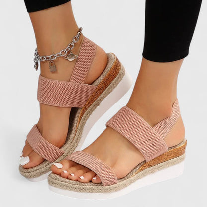 Pink - Stretch-fabric open-toe platform sandals featuring a cushioned footbed and textured jute-trim midsole.