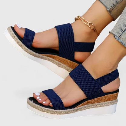 Blue - Stretch-fabric open-toe platform sandals featuring a cushioned footbed and textured jute-trim midsole.