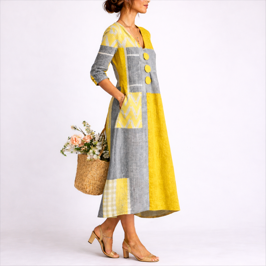 XL - A woman wearing a textured patchwork V-neck midaxi dress with 3/4 sleeves, large front buttons, and side pockets, holding a woven basket with flowers.