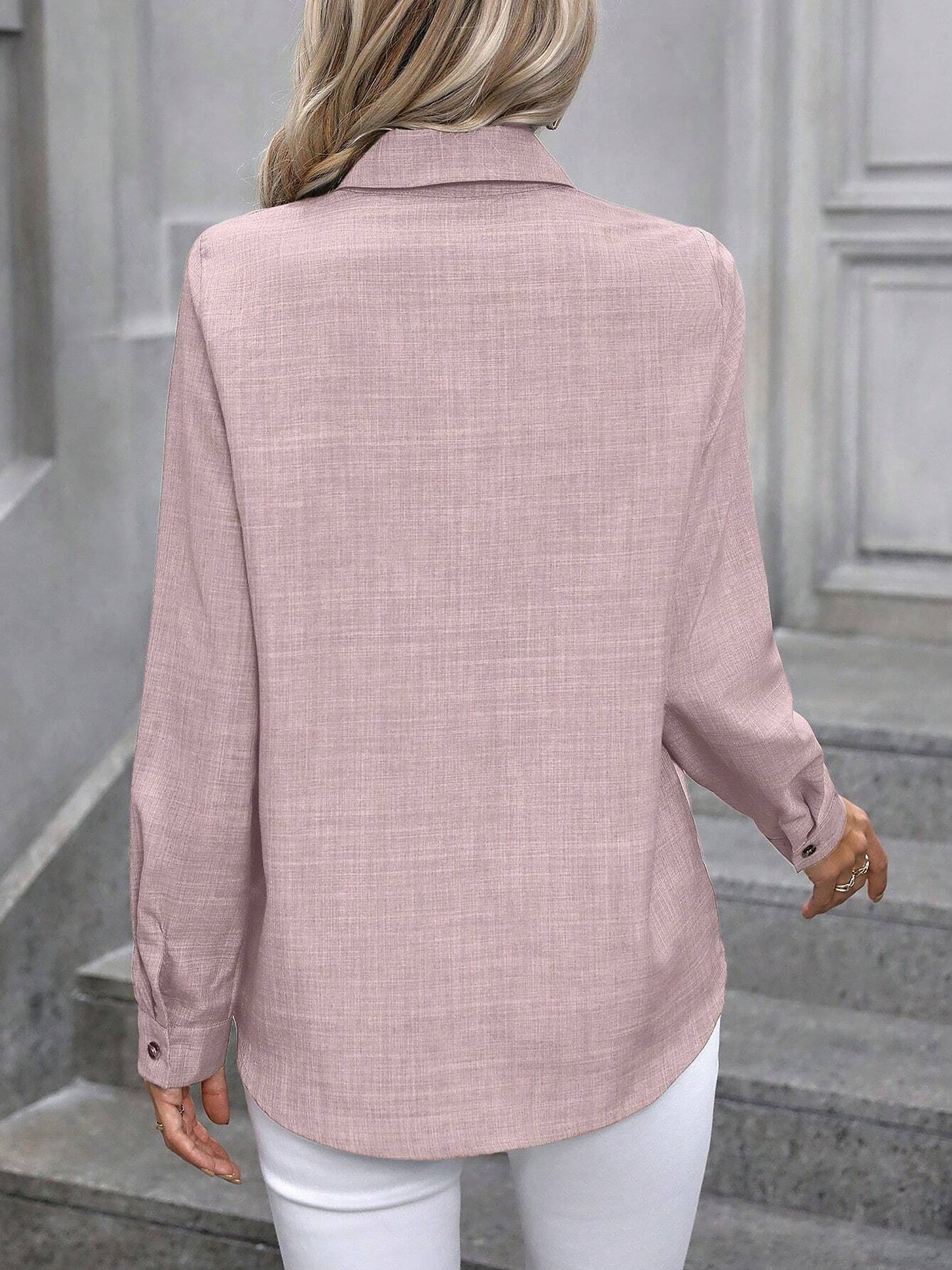 Pink - Women's light green long-sleeve button-down blouse with a collar and textured weave, styled tucked into white trousers.