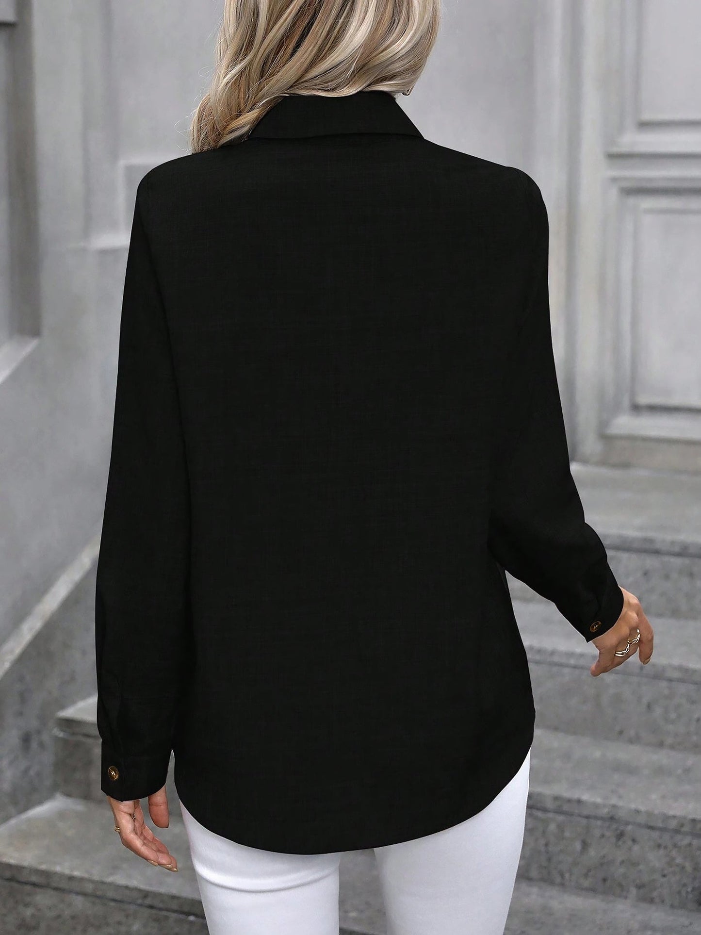 Black - Women's light green long-sleeve button-down blouse with a collar and textured weave, styled tucked into white trousers.