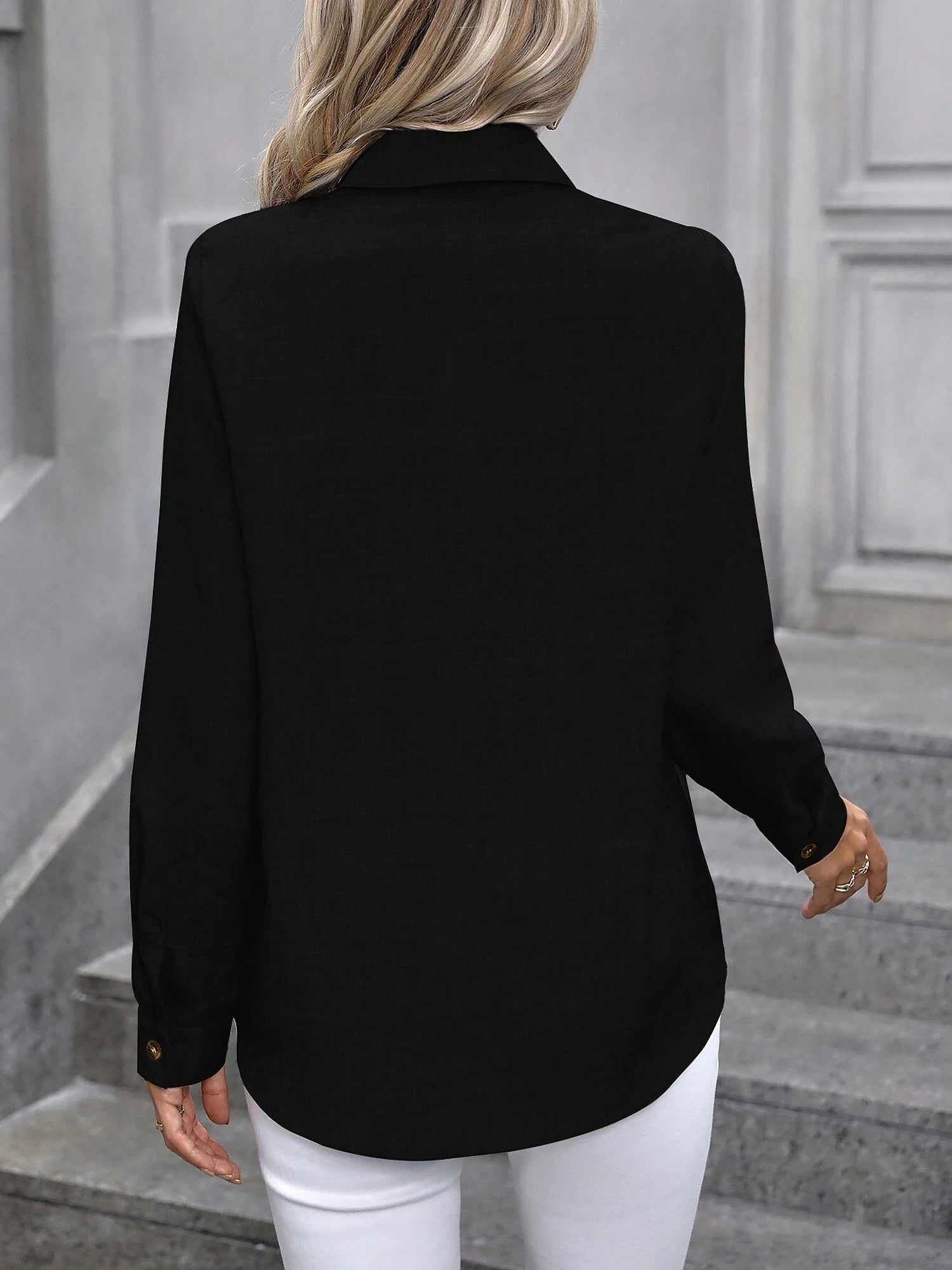 Black - Women's light green long-sleeve button-down blouse with a collar and textured weave, styled tucked into white trousers.