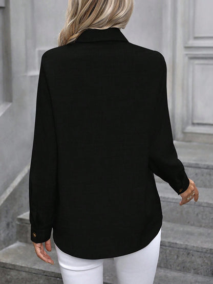 Black - Women's light green long-sleeve button-down blouse with a collar and textured weave, styled tucked into white trousers.