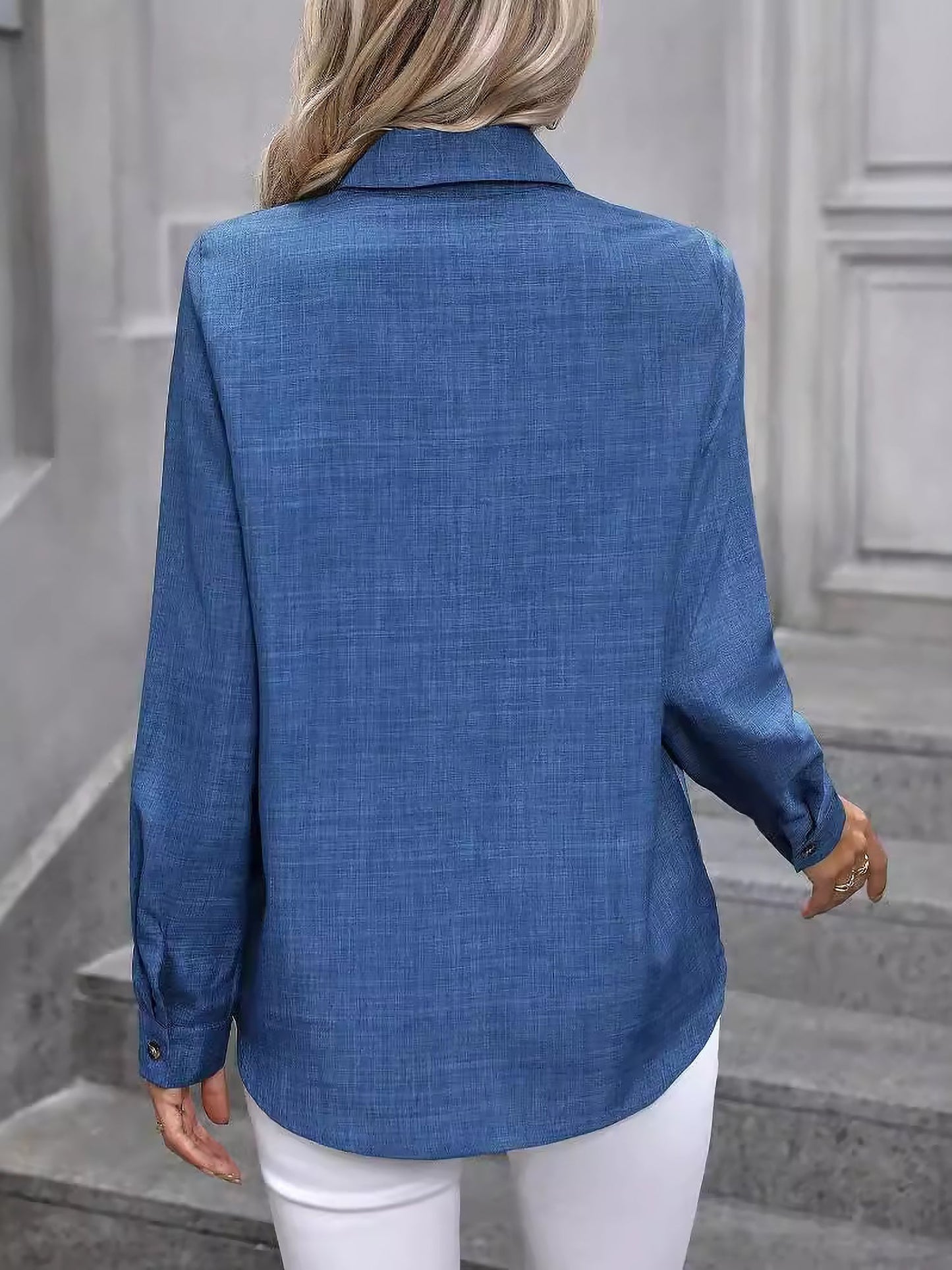 Blue - Women's light green long-sleeve button-down blouse with a collar and textured weave, styled tucked into white trousers.