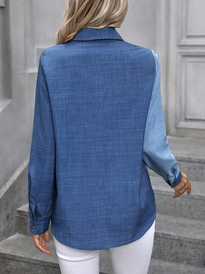 Mix Blue - Women's light green long-sleeve button-down blouse with a collar and textured weave, styled tucked into white trousers.