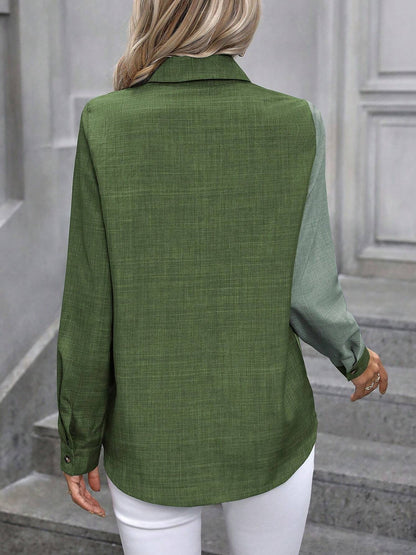 Green - Women's light green long-sleeve button-down blouse with a collar and textured weave, styled tucked into white trousers.