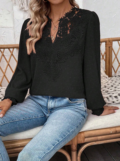 Black - Women's dusty rose long-sleeve blouse featuring a lace V-neckline, textured Swiss dot fabric, and smocked cuffs, styled with blue jeans.