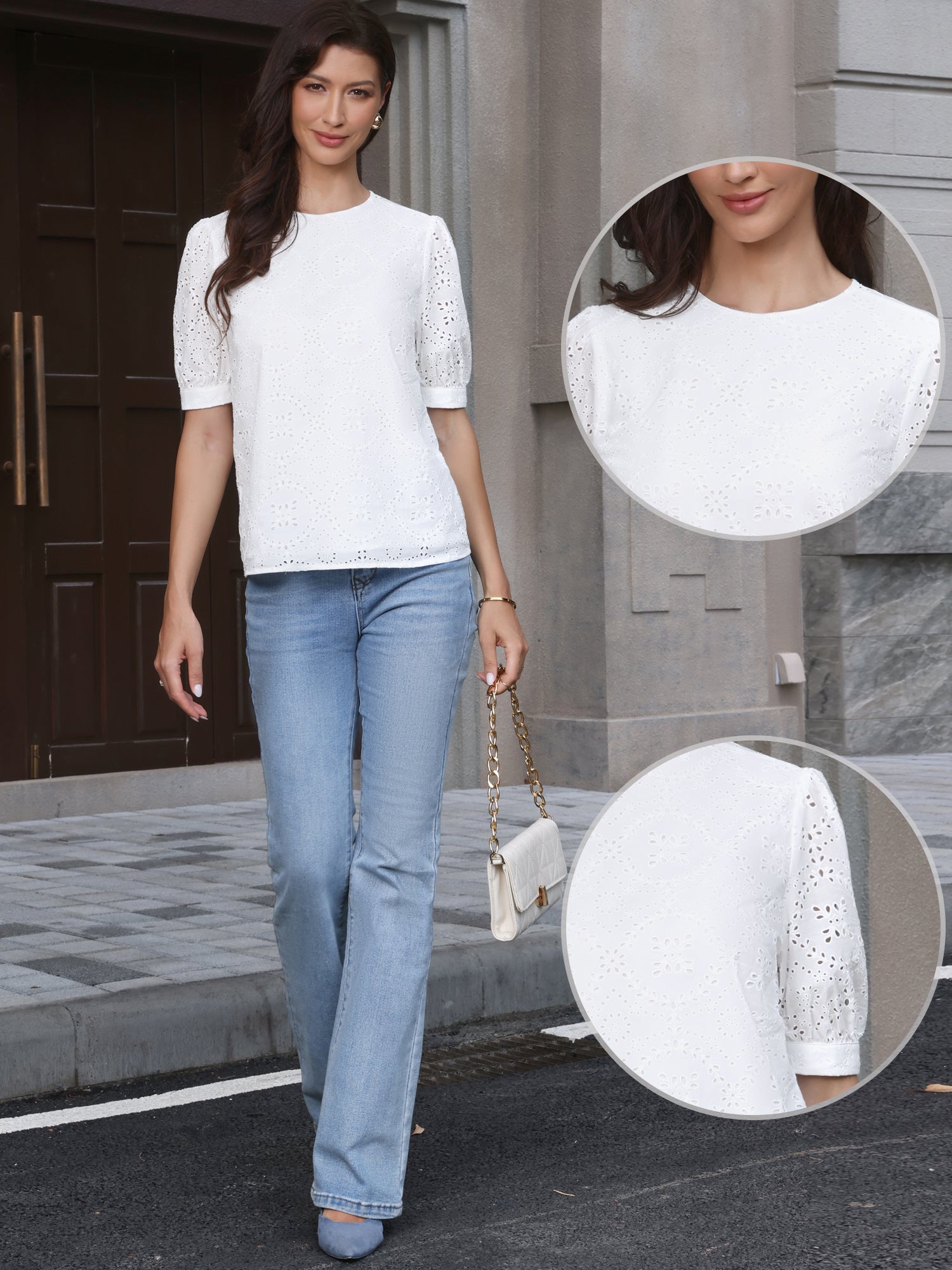 White - A woman models a light blue, short-sleeve eyelet blouse with a round neckline, paired with white wide-leg trousers.