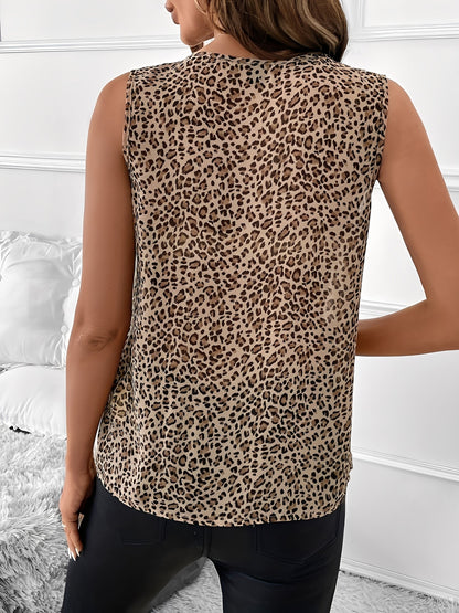 Leopard - Women's sleeveless V-neck blouse featuring a cascading front ruffle and an all-over leopard print.