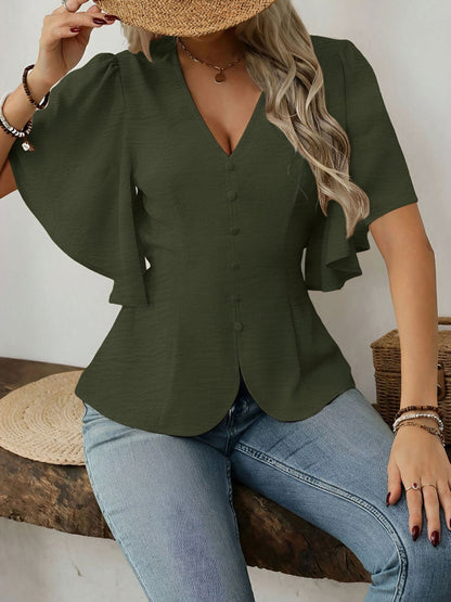 Army Green - Women's rust orange short flutter sleeve blouse featuring a V-neckline, fabric-covered button front, and a tailored peplum waist, styled with blue jeans.
