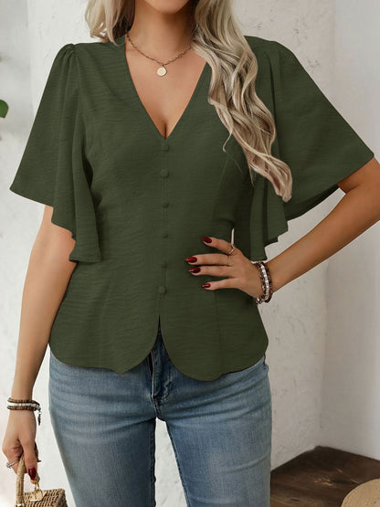 Army Green - Women's rust orange short flutter sleeve blouse featuring a V-neckline, fabric-covered button front, and a tailored peplum waist, styled with blue jeans.