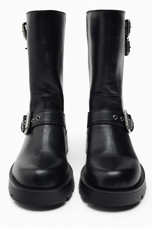 Black - A pair of women's dark brown faux leather mid-calf moto boots featuring three adjustable buckle straps and a chunky black lug sole.