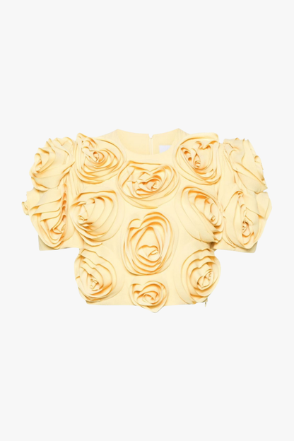 Yellow - A woman wearing a pale yellow two-piece set featuring a cropped top with short puff sleeves and a matching mini skirt, completely covered in large 3D fabric rosette appliqués.