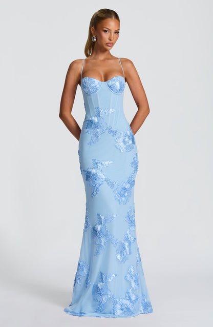 Light Blue - Women's pale yellow formal floor-length gown featuring a structured corset bodice, delicate spaghetti straps, and a sheer overlay embellished with intricate 3D floral appliques.