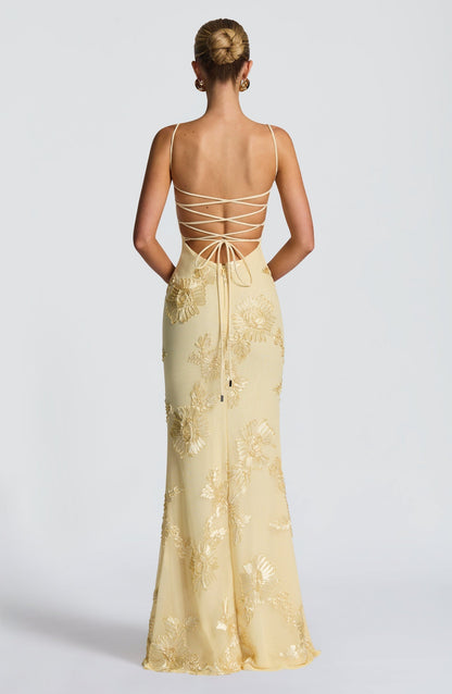Light Blue - Women's pale yellow formal floor-length gown featuring a structured corset bodice, delicate spaghetti straps, and a sheer overlay embellished with intricate 3D floral appliques.