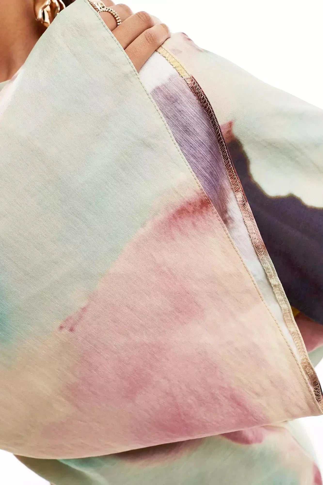 Watercolor - Women's formal floor-length maxi dress featuring a high neckline, wide flared long sleeves, a draped waist, and a large-scale abstract watercolor print in yellow, mint, pink, and deep brown.