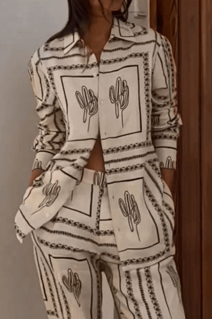 Beige - Women's matching two-piece set featuring a long-sleeve button-down shirt and pants in a light fabric with a dark graphic cactus and geometric border print.