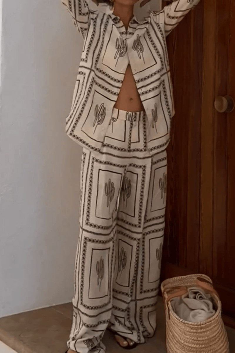 Beige - Women's matching two-piece set featuring a long-sleeve button-down shirt and pants in a light fabric with a dark graphic cactus and geometric border print.