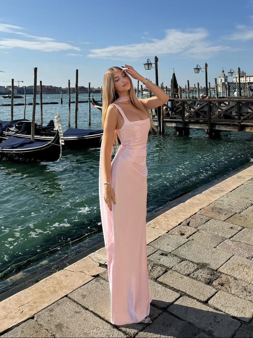 Pink - Women's elegant olive green satin slip dress featuring a cowl neckline, ruched bodice, wide straps, and a matching neck scarf detail, styled for a formal event.