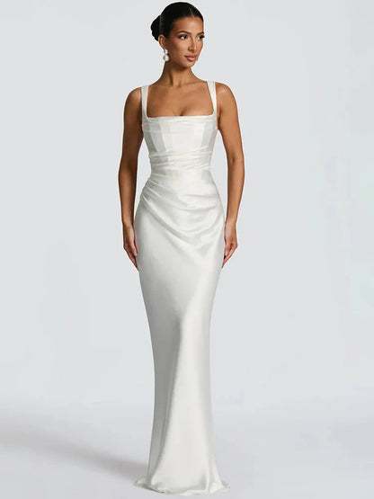 White - Women's elegant olive green satin slip dress featuring a cowl neckline, ruched bodice, wide straps, and a matching neck scarf detail, styled for a formal event.