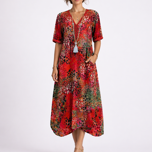 Red - Woman wearing a relaxed fit abstract print midi dress with short sleeves, a V-neckline, and side pockets against a plain background.