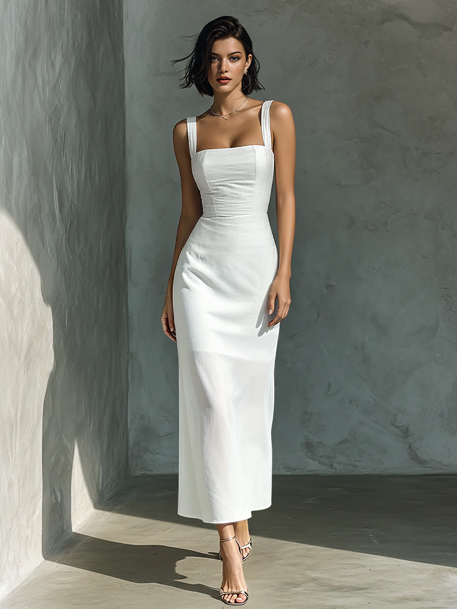 Woman wearing a fitted square-neck midi dress with wide straps and a structured bodice, standing in a minimalist studio setting with dramatic lighting.