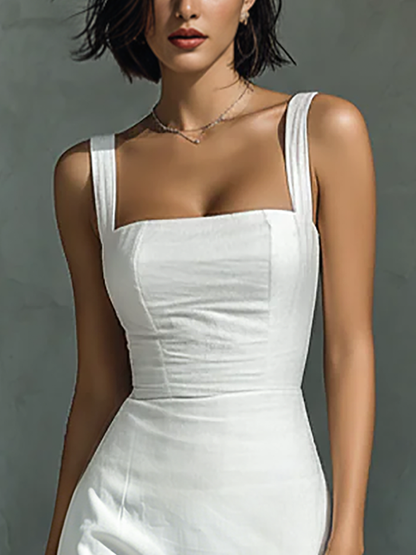 Woman wearing a fitted square-neck midi dress with wide straps and a structured bodice, standing in a minimalist studio setting with dramatic lighting.