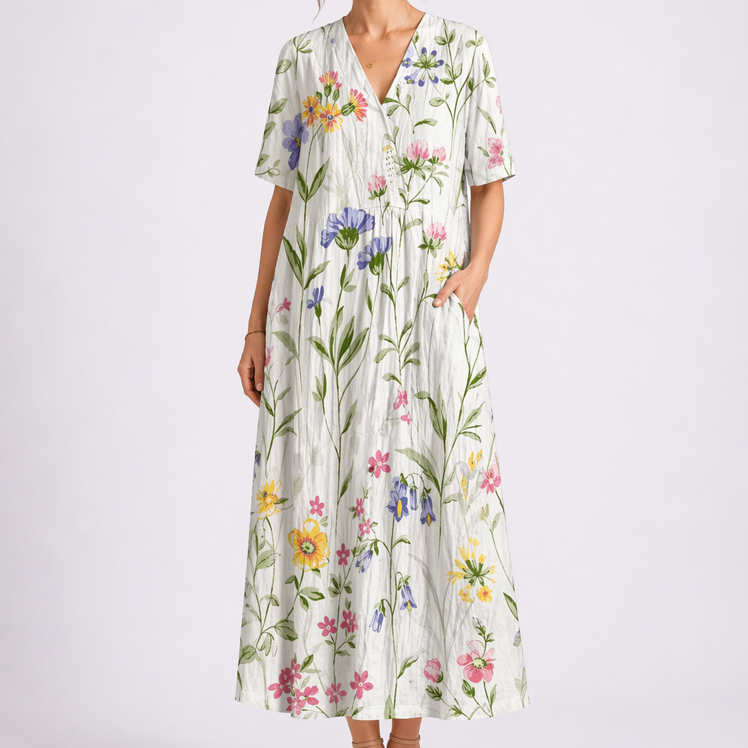 White - Model wearing a woven floral V-neck midaxi dress with short sleeves and side pockets against a plain grey background.