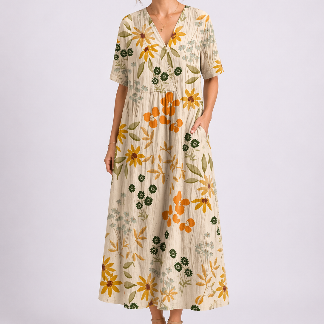 Yellow - Model wearing a woven floral V-neck midaxi dress with short sleeves and side pockets against a plain grey background.