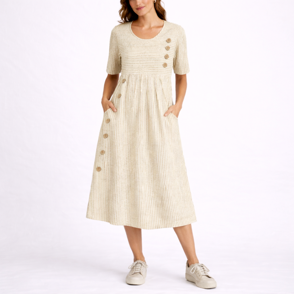 Beige - Model wearing a striped short-sleeve midi dress with asymmetric button detailing and side pockets against a plain background